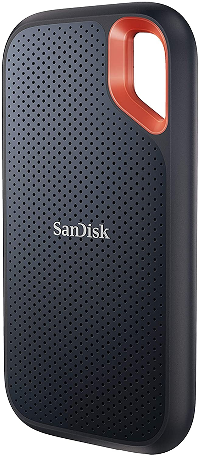 SanDisk 1TB Extreme Portable SSD V2 with a sleek design, showcasing its compact size and durable exterior, ideal for outdoor and travel use.