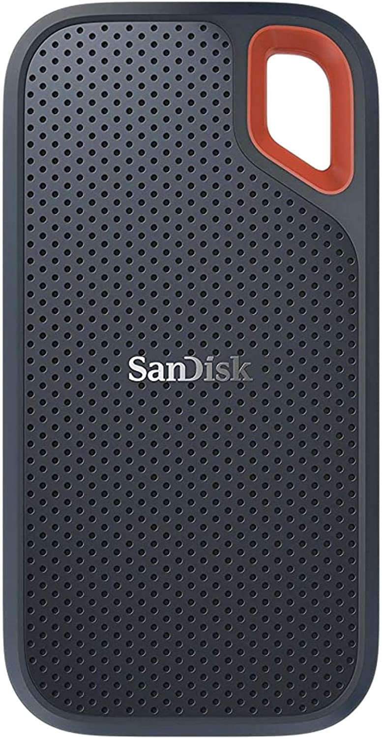 SanDisk 1TB Extreme Portable SSD V2 with a sleek design, showcasing its compact size and durable exterior, ideal for outdoor and travel use.