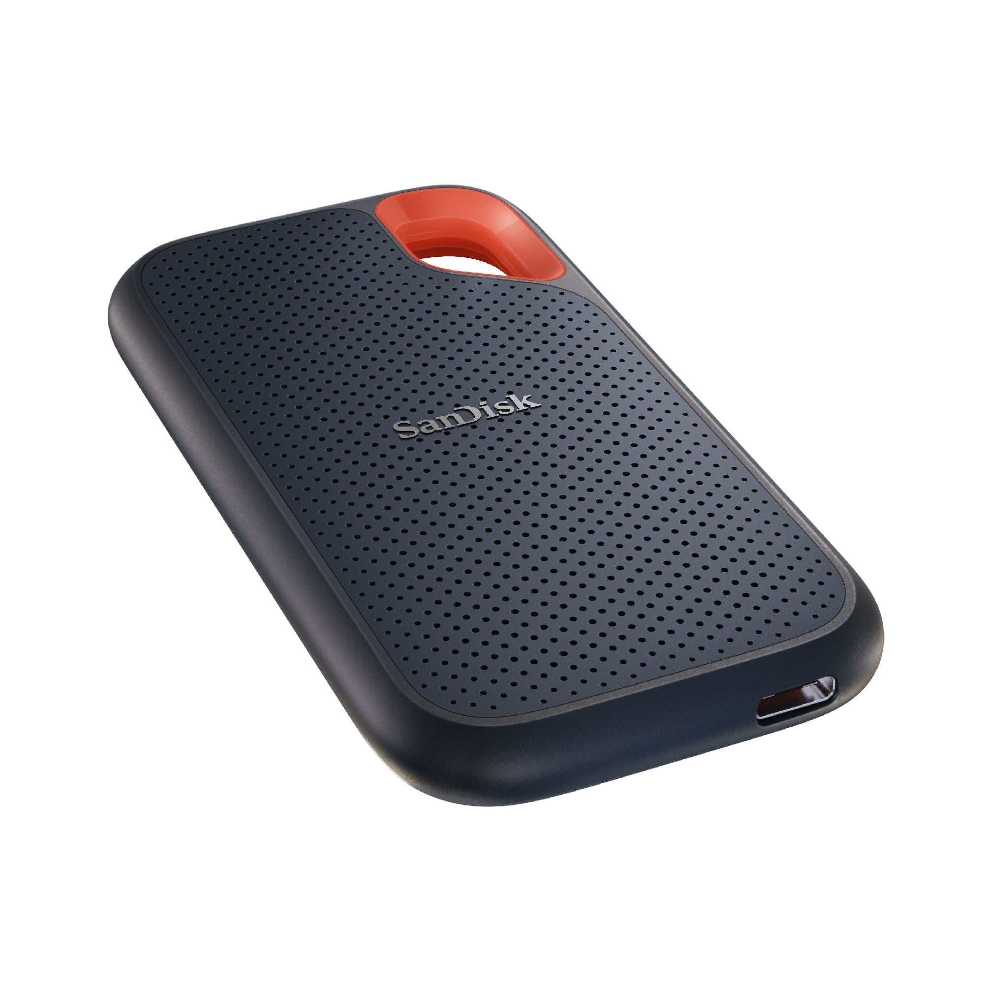 SanDisk 1TB Extreme Portable SSD V2 with a sleek design, showcasing its compact size and durable exterior, ideal for outdoor and travel use.