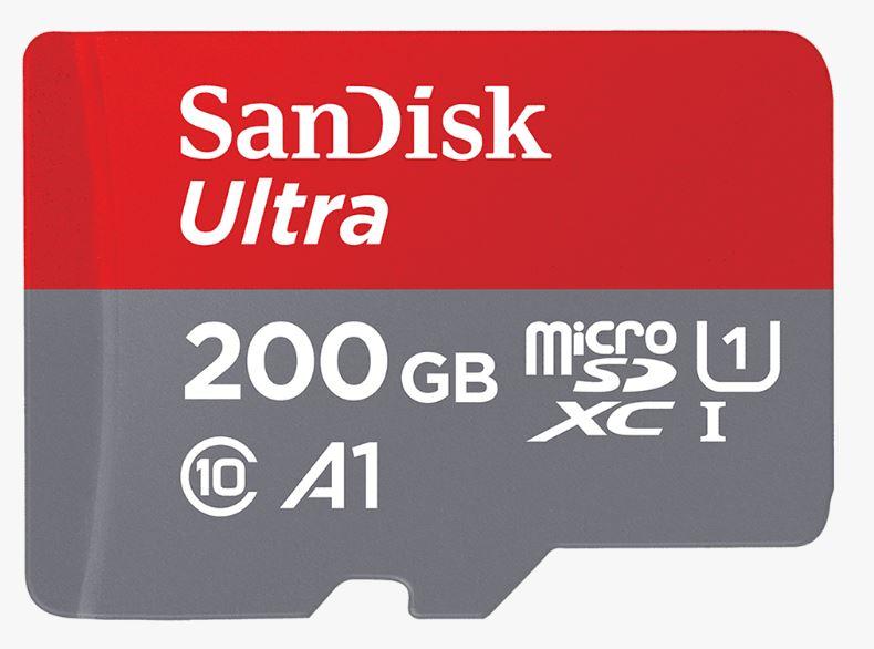 SanDisk 200GB Ultra microSD card with packaging, showcasing its features and specifications.