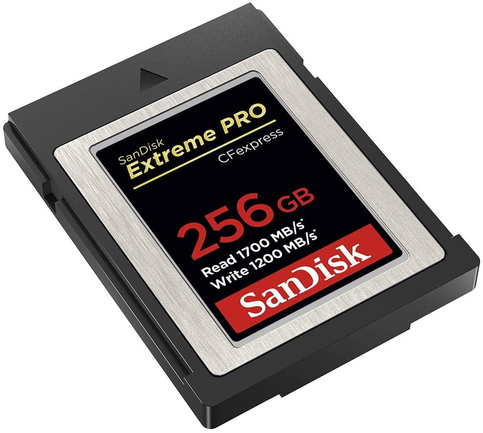 SanDisk 256GB Extreme PRO CFexpress Card Type B, showcasing its sleek design and high-speed performance specifications.