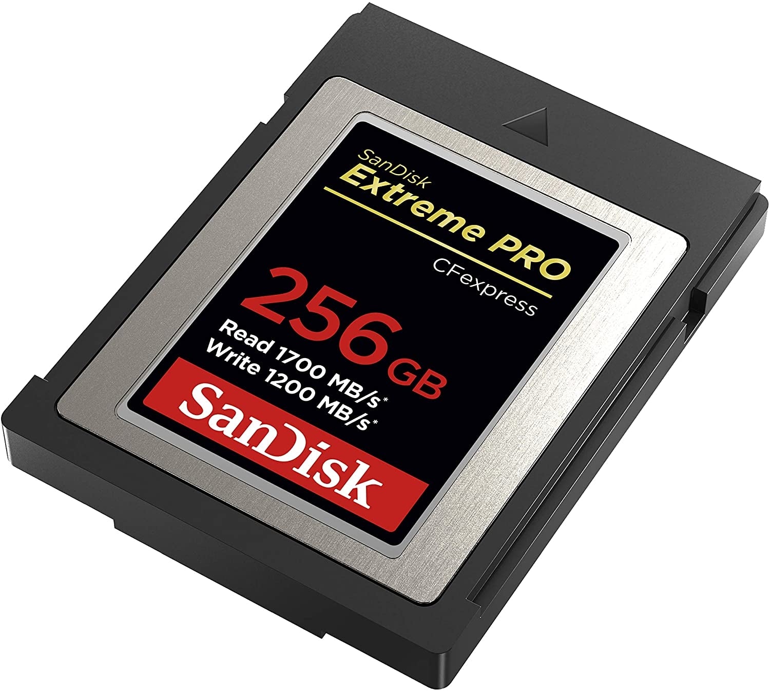 SanDisk 256GB Extreme PRO CFexpress Card Type B, showcasing its sleek design and high-speed performance specifications.