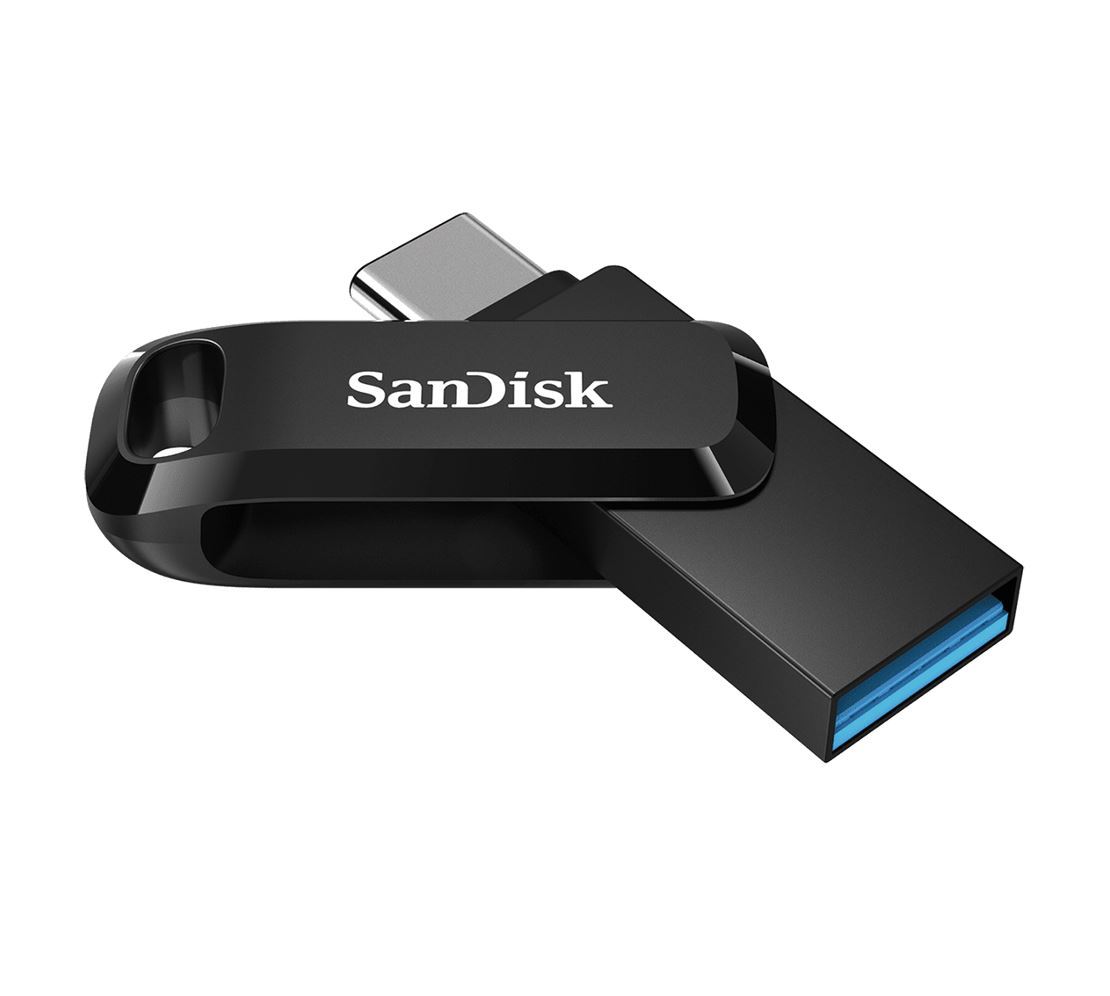 SanDisk 256GB Ultra Dual Drive Go featuring USB-C and USB-A connectors, compact design with swivel mechanism.