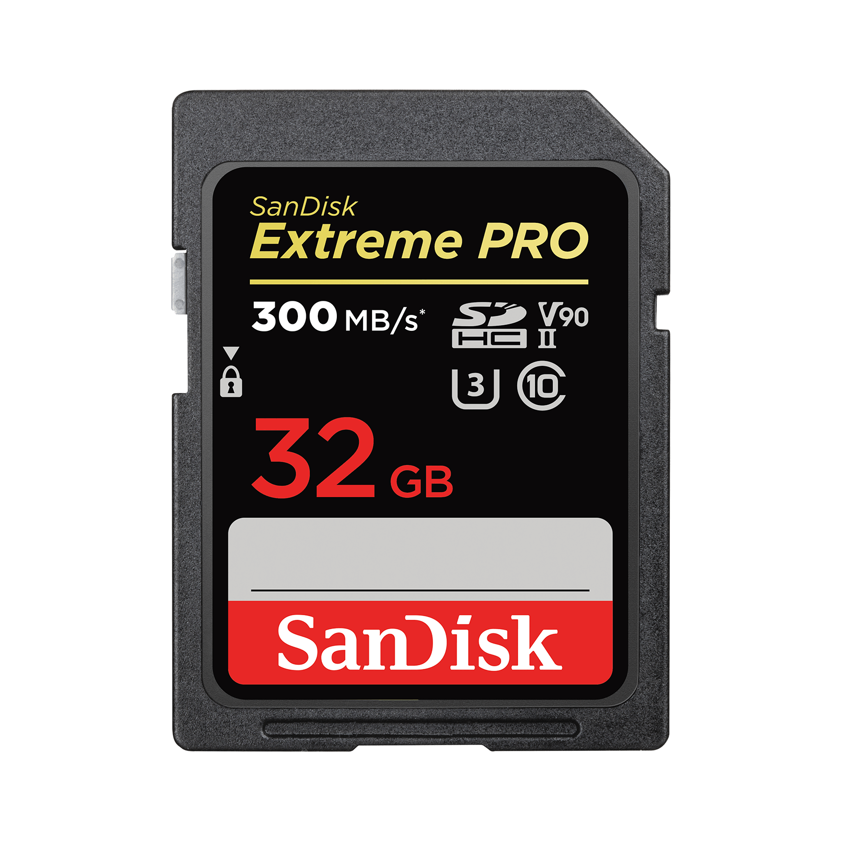 SanDisk 32GB Extreme PRO SDHC UHS-II card, showcasing its compact design and high-performance specifications.