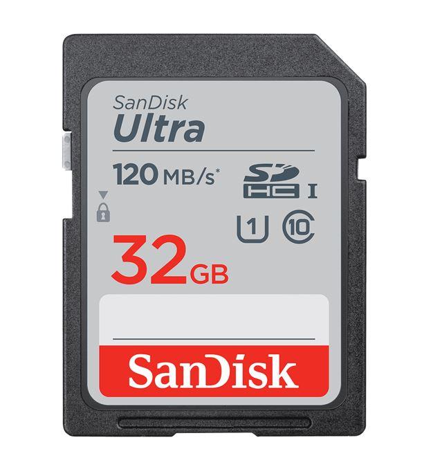 SanDisk 32GB Ultra SDHC SDXC UHS-I Memory Card with 120MB/s speed, showcasing its compact design and storage capacity.