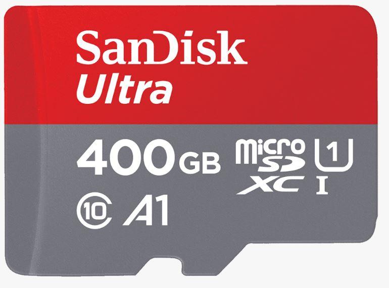 SanDisk 400GB Ultra microSD card with packaging, showcasing its high capacity and fast transfer speed.