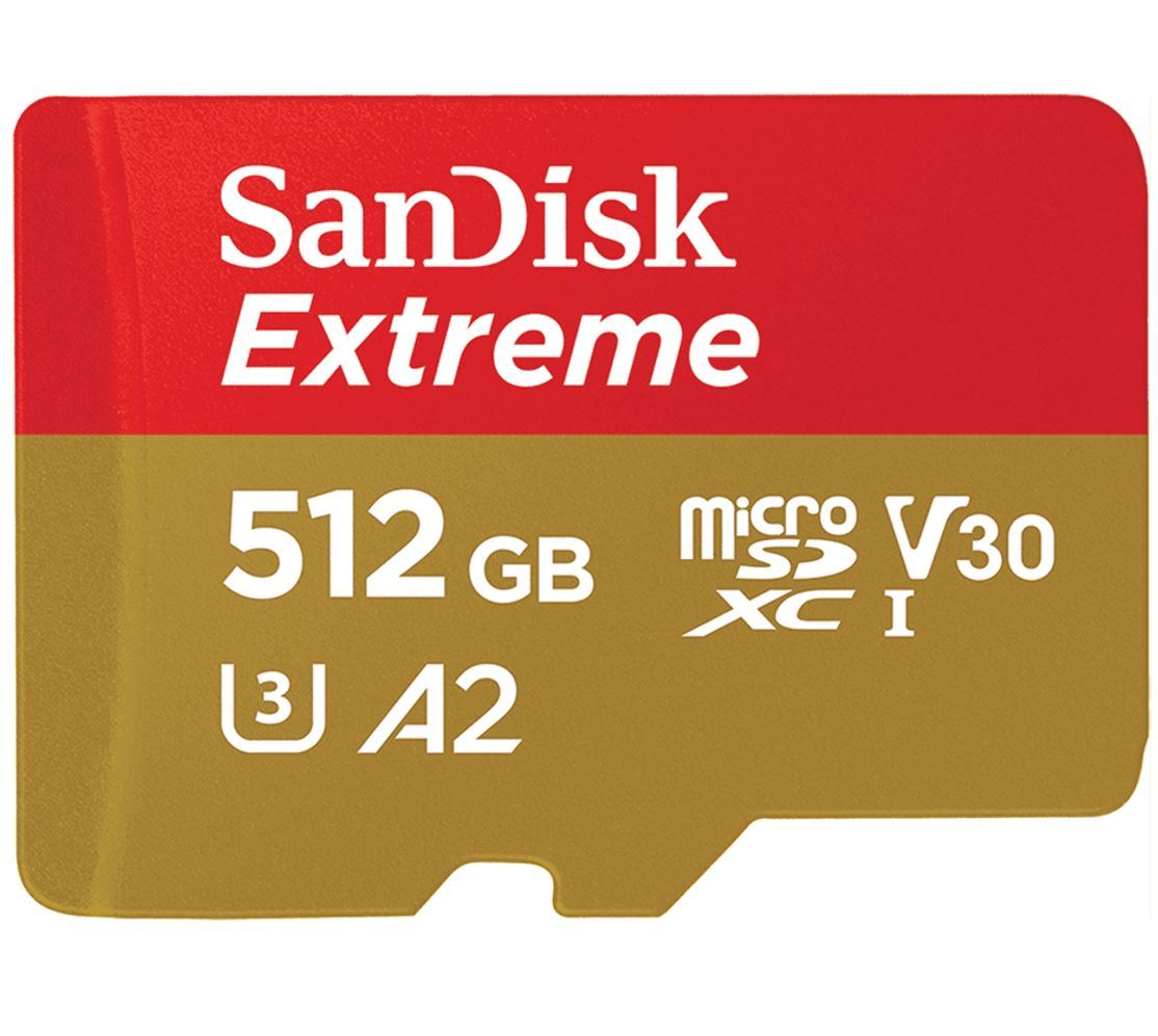 SanDisk 512GB Extreme microSD card with SD adapter, showcasing its high-speed performance and durability features.