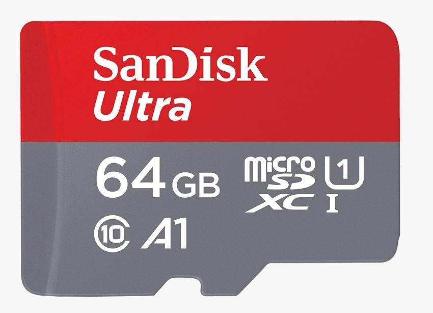 SanDisk 64GB Ultra microSD card with UHS-I technology, ideal for Full HD video recording and fast data transfer.