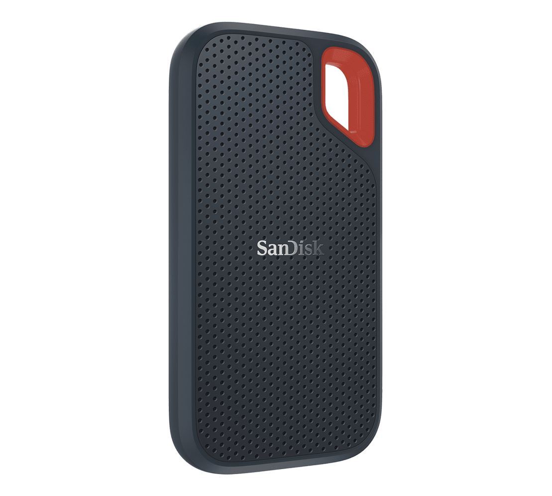 SanDisk Extreme 500GB External Portable SSD with USB-C and USB-A connectors, showcasing its compact and rugged design.