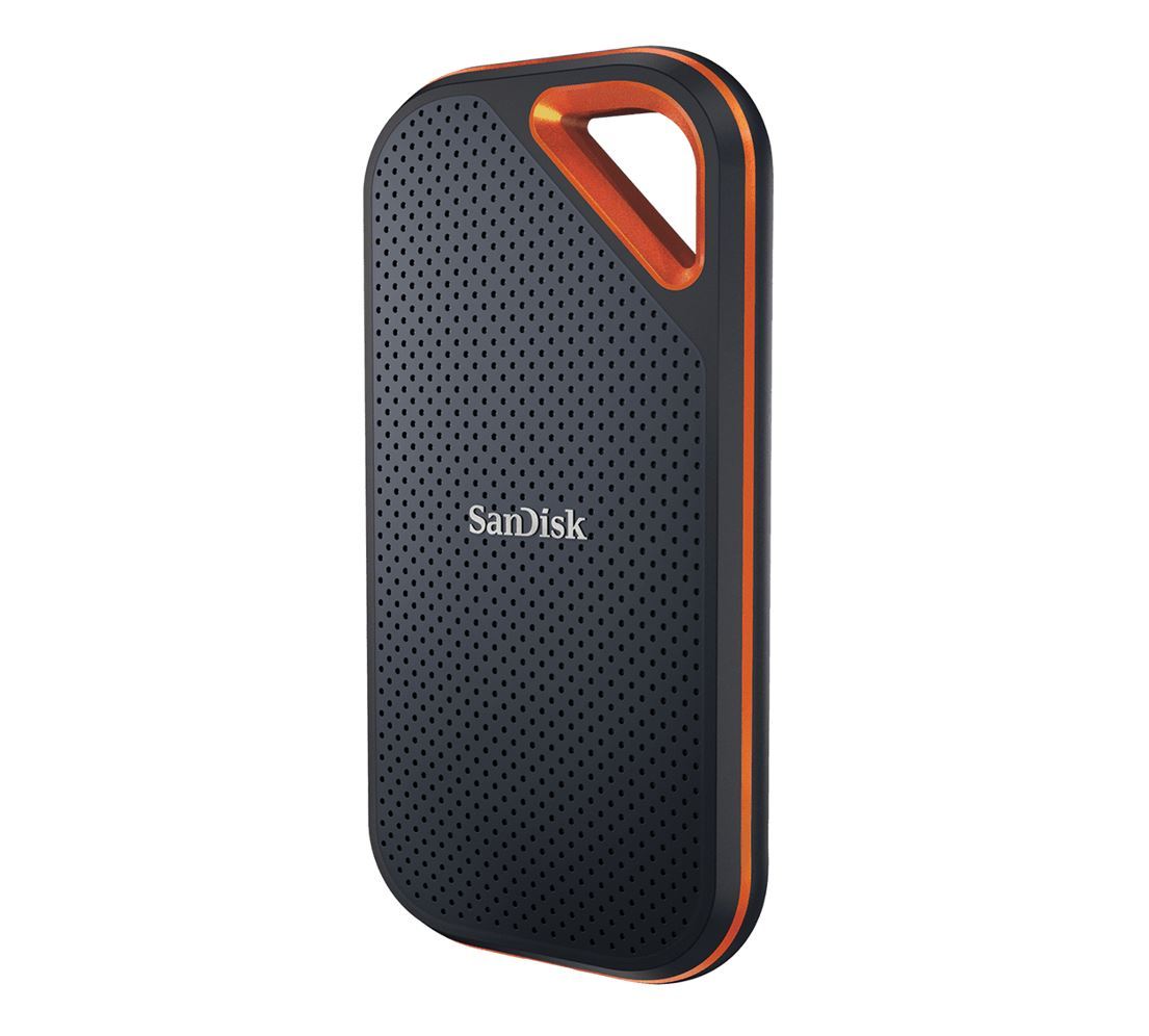 SanDisk Extreme Pro 1TB External Portable SSD with USB-C and USB-A connectors, showcasing its rugged aluminum design and compact size.