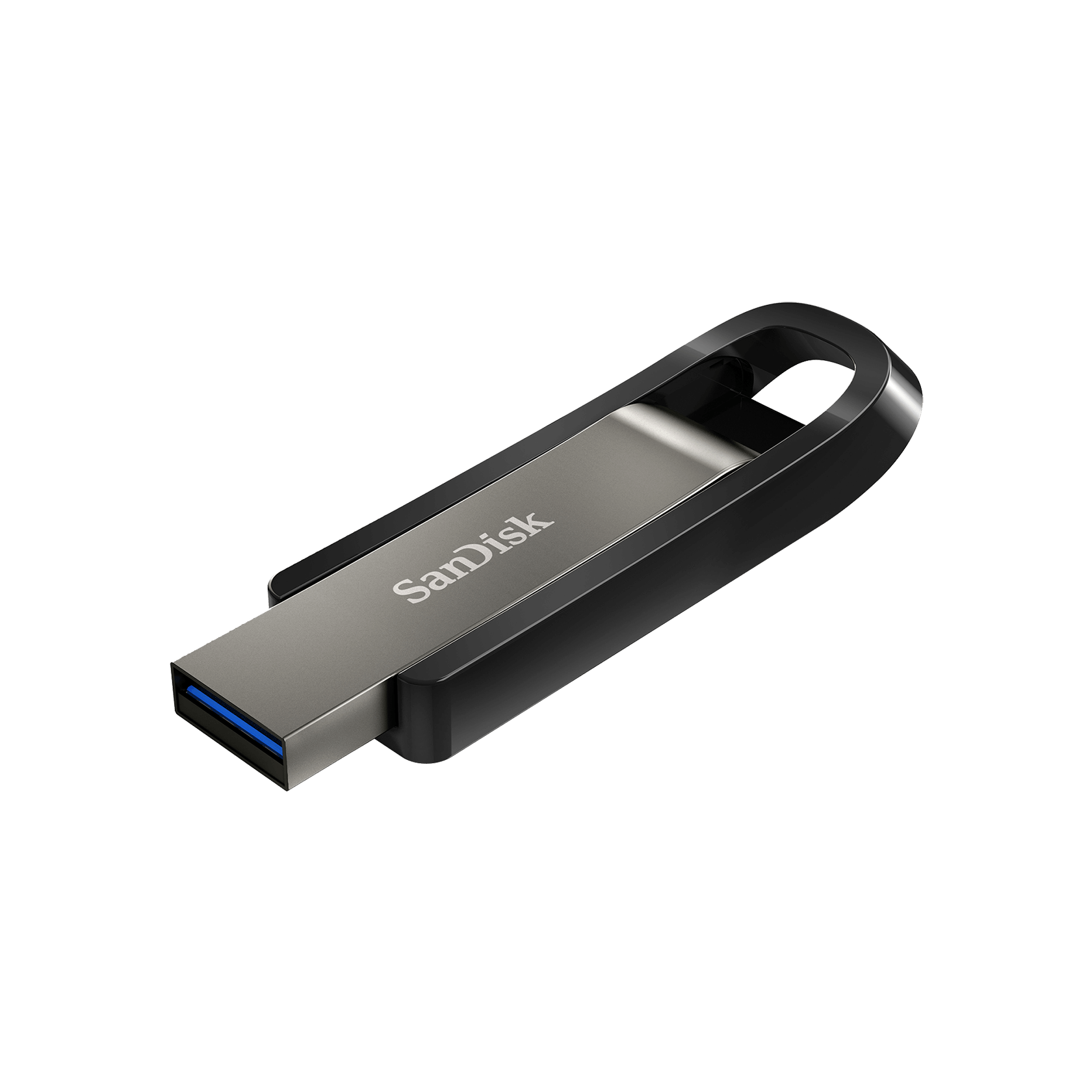 SanDisk SDCZ810-256G Extreme Go USB Drive in sleek metal design, showcasing its compact size and USB-A connector.