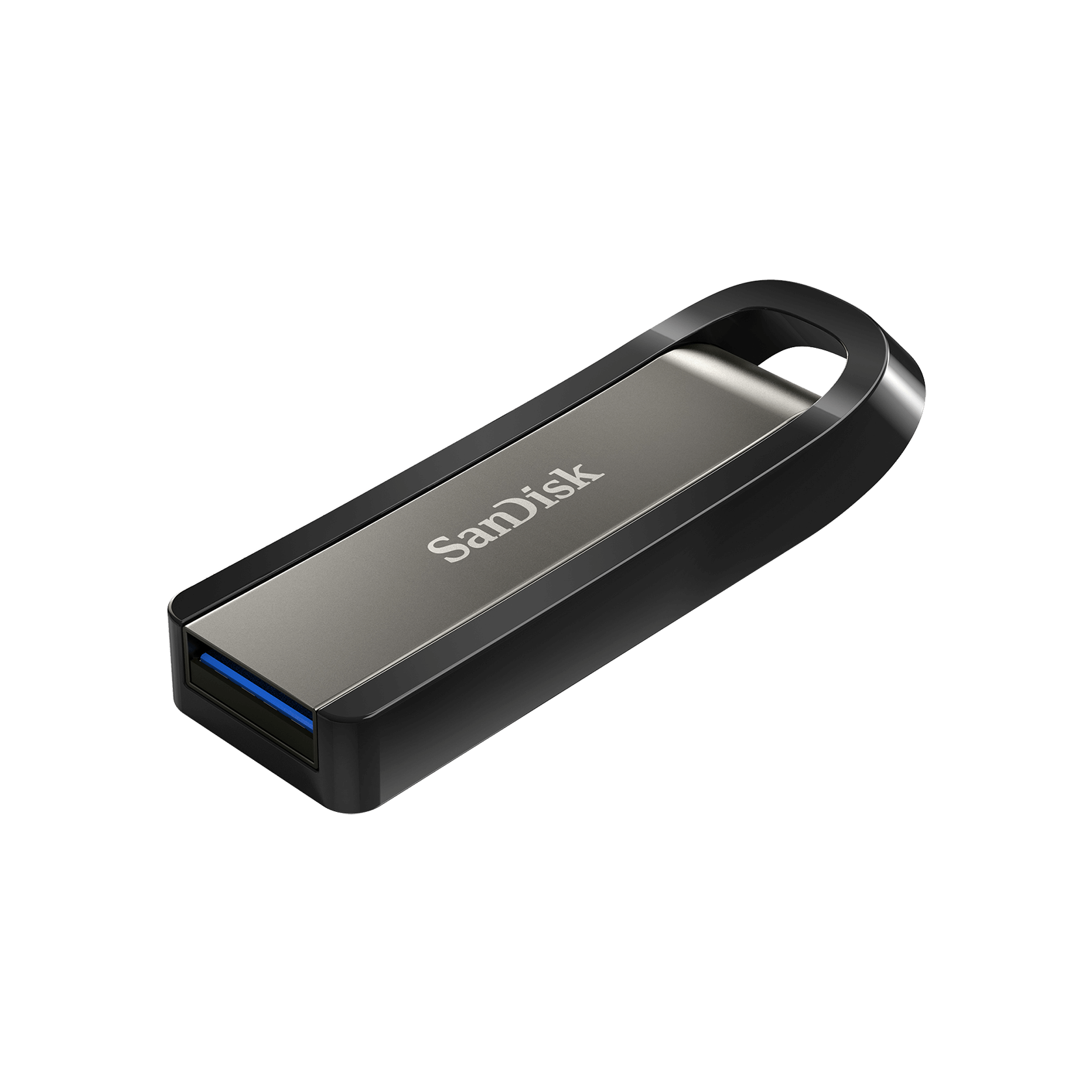 SanDisk SDCZ810-256G Extreme Go USB Drive in sleek metal design, showcasing its compact size and USB-A connector.