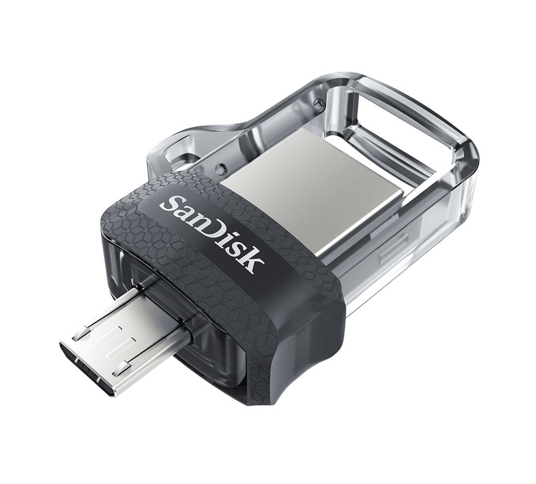 SanDisk Ultra Dual Drive m3.0 SDDD3 128GB USB3.0 and micro-USB connector with a sleek design, showcasing both connectors.