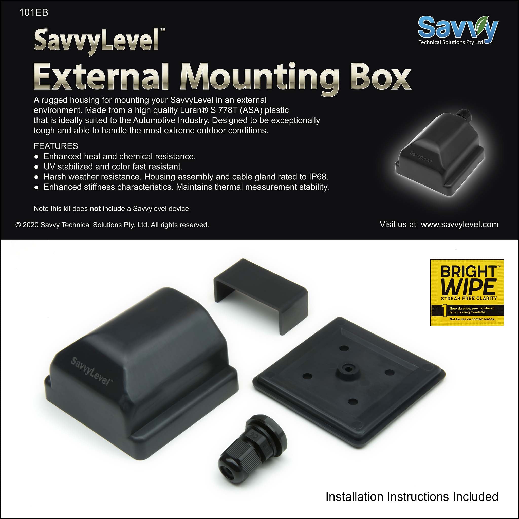 SavvyLevel External Mount Box designed for caravans with a metal front wall, showcasing its durable construction and compatibility with SavvyLevel hardware.