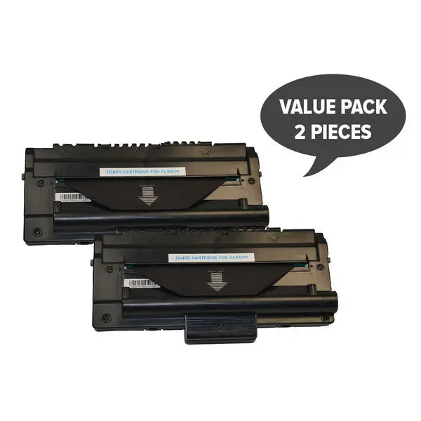 Two SCX-D4200A Premium Generic Toner cartridges for Samsung printers, showcasing their sleek design and packaging.