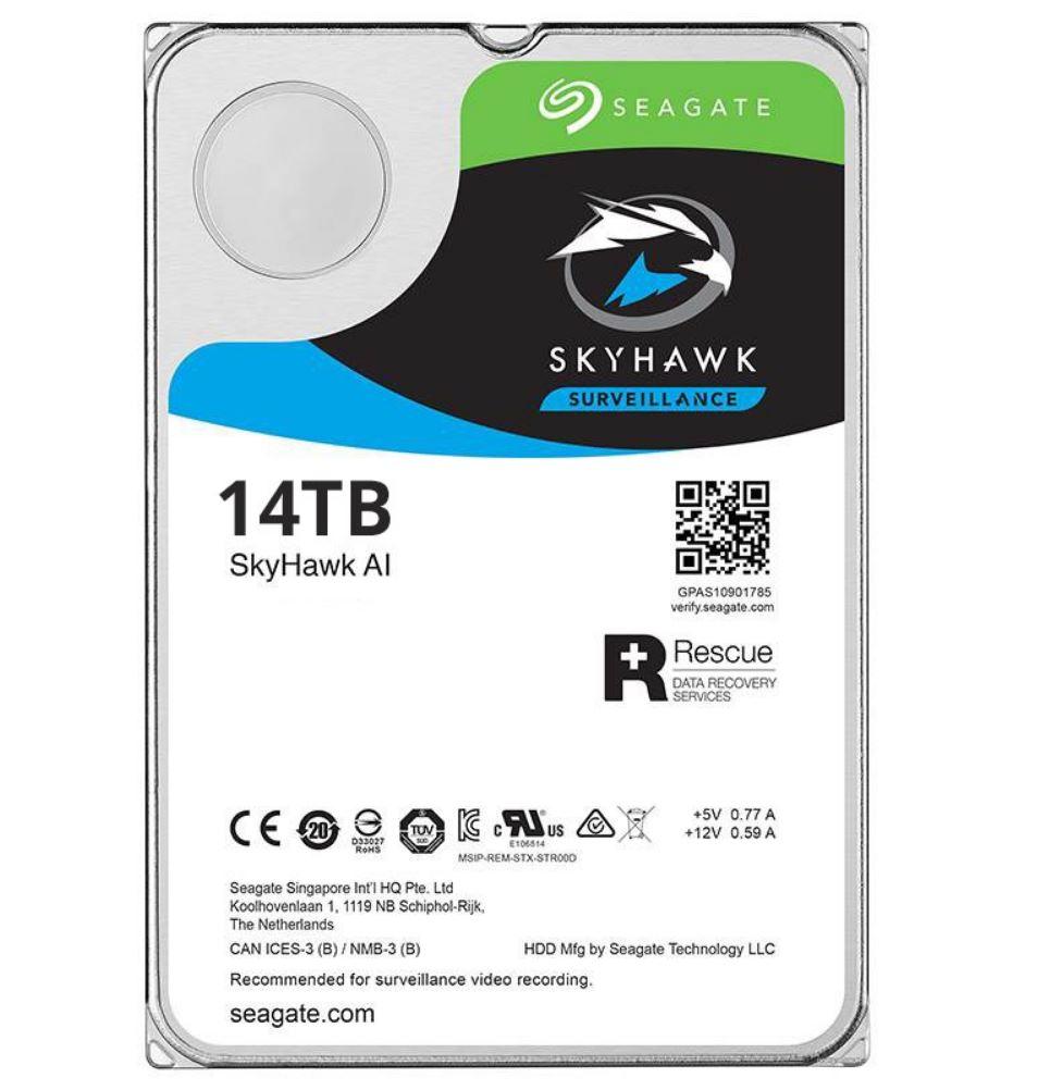 Seagate 14TB SkyHawk Surveillance AI HDD with SATA3 interface and 256MB cache, designed for high-performance surveillance systems.