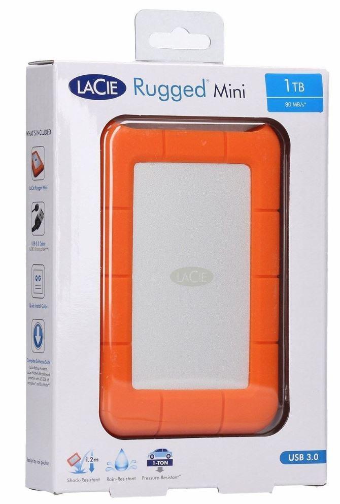 Seagate 1TB LaCie Rugged Mini Portable External Hard Drive with USB 3.0 and USB-C cable, showcasing its compact and durable design.