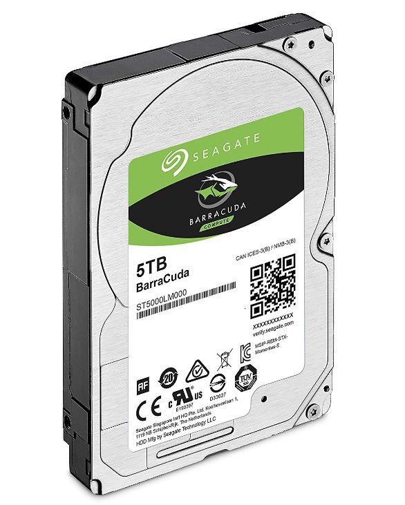 Seagate 5TB 2.5' Barracuda hard drive with 5400 RPM speed and 128MB cache, showcasing its compact design and robust features.