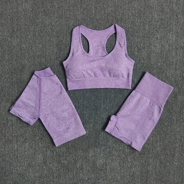 Seamless 3pcs Women Yoga Set featuring a crop top, workout bra, and high-waisted shorts in various colors.