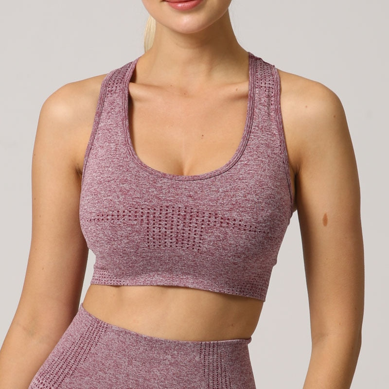 Seamless sports bra top for women in various colors, designed for high-impact workouts and comfort.