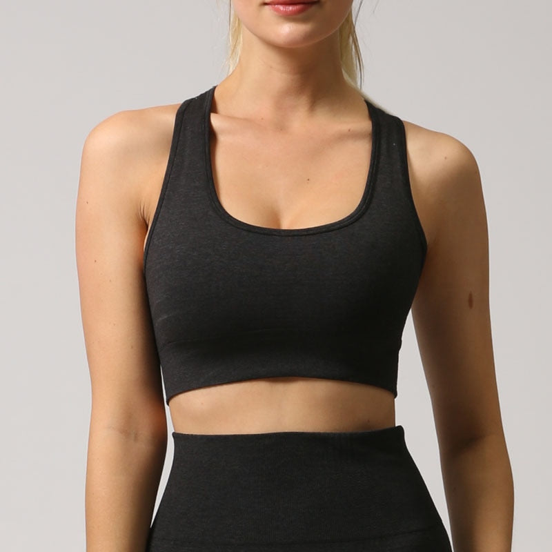 Seamless sports bra top for women in various colors, designed for high-impact workouts and comfort.