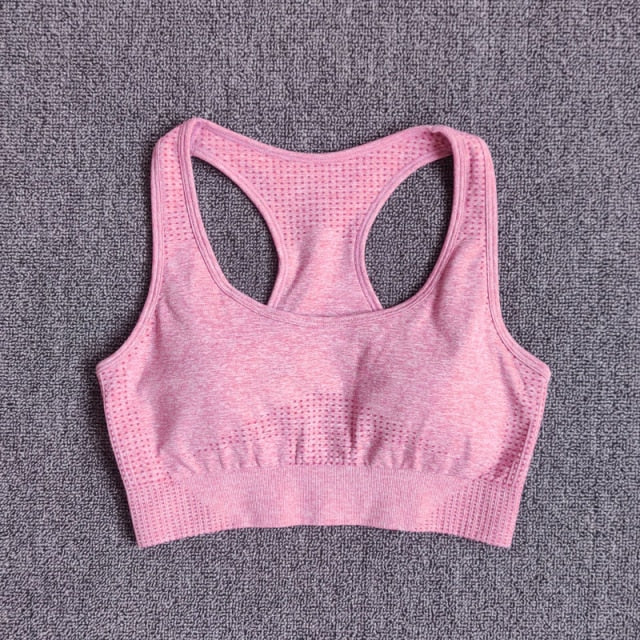 Seamless sports bra top for women in various colors, designed for high-impact workouts and comfort.