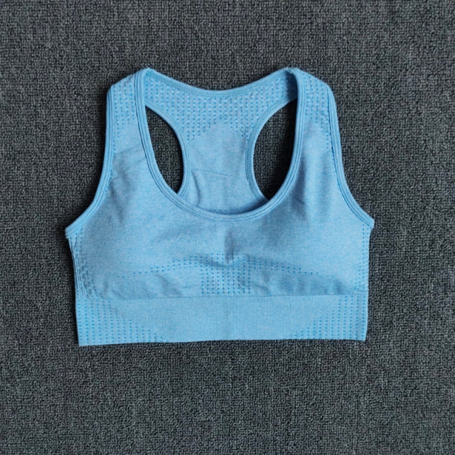 Seamless sports bra top for women in various colors, designed for high-impact workouts and comfort.