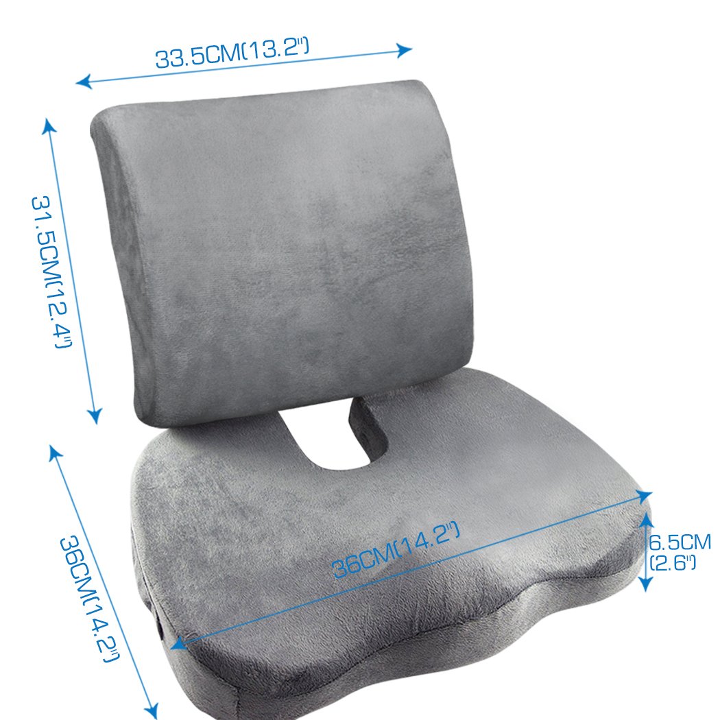 Memory Foam Lumbar Back Support Seat Cushion in grey, designed for comfort and pressure relief, featuring a removable velveteen cover.