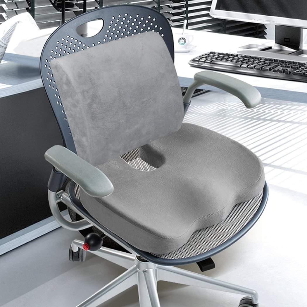 Memory Foam Lumbar Back Support Seat Cushion in grey, designed for comfort and pressure relief, featuring a removable velveteen cover.