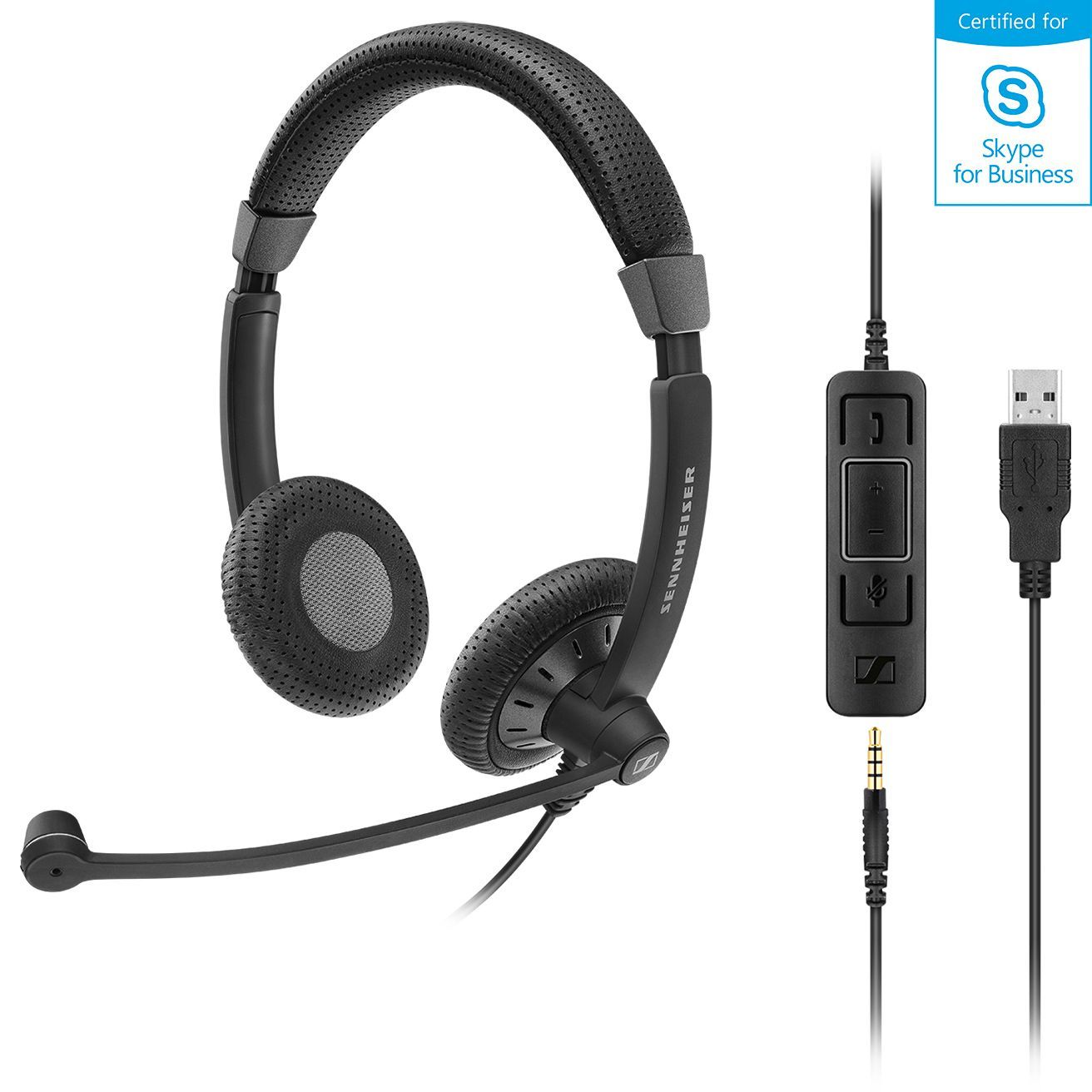 Sennheiser SC75 USB Stereo Headset with detachable USB cable and 3.5mm jack, featuring a noise-canceling microphone and padded headband.