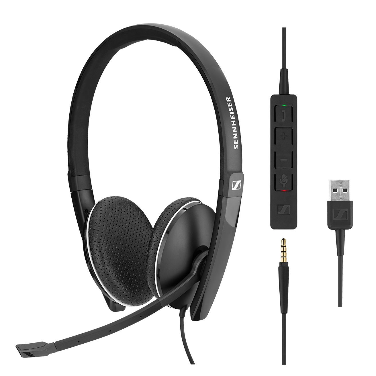 Sennheiser ADAPT SC165USB double-sided headset with leatherette ear pads and detachable USB cable.