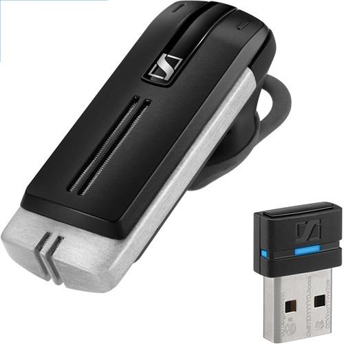 SENNHEISER Premium Bluetooth UC Headset with BTD 800 dongle, designed for mobile and office use, featuring a sleek design and comfortable ear pads.