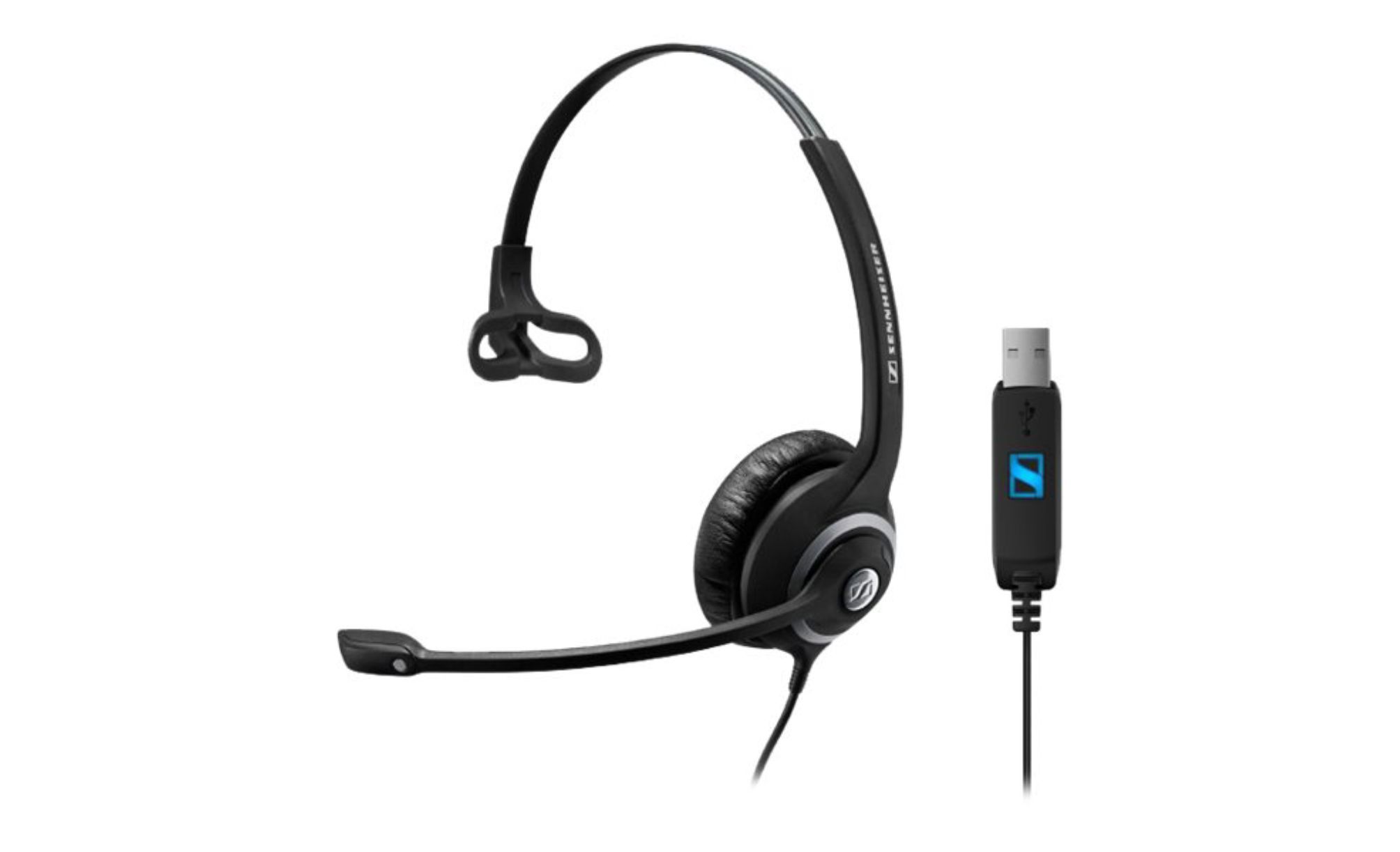 Sennheiser SC230 USB Wide Band Monaural headset with a noise cancelling microphone, featuring a sleek design and comfortable ear pad.