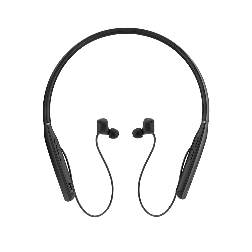 Sennheiser Adapt 460T In-ear Neckband Bluetooth headset with USB dongle and carry case, showcasing sleek design and comfort.