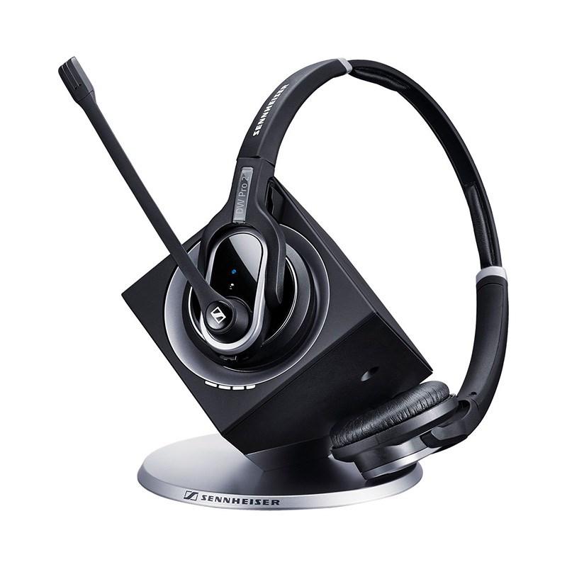 Sennheiser DW Pro 2 DECT USB Wireless Office headset with base station, featuring a sleek design and comfortable ear cushions.