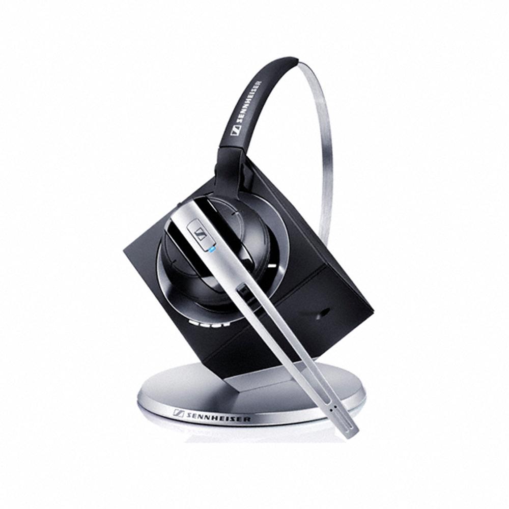 Sennheiser DW10 ML Office DECT Wireless headset with base station, featuring a convertible design for headband or earhook use.