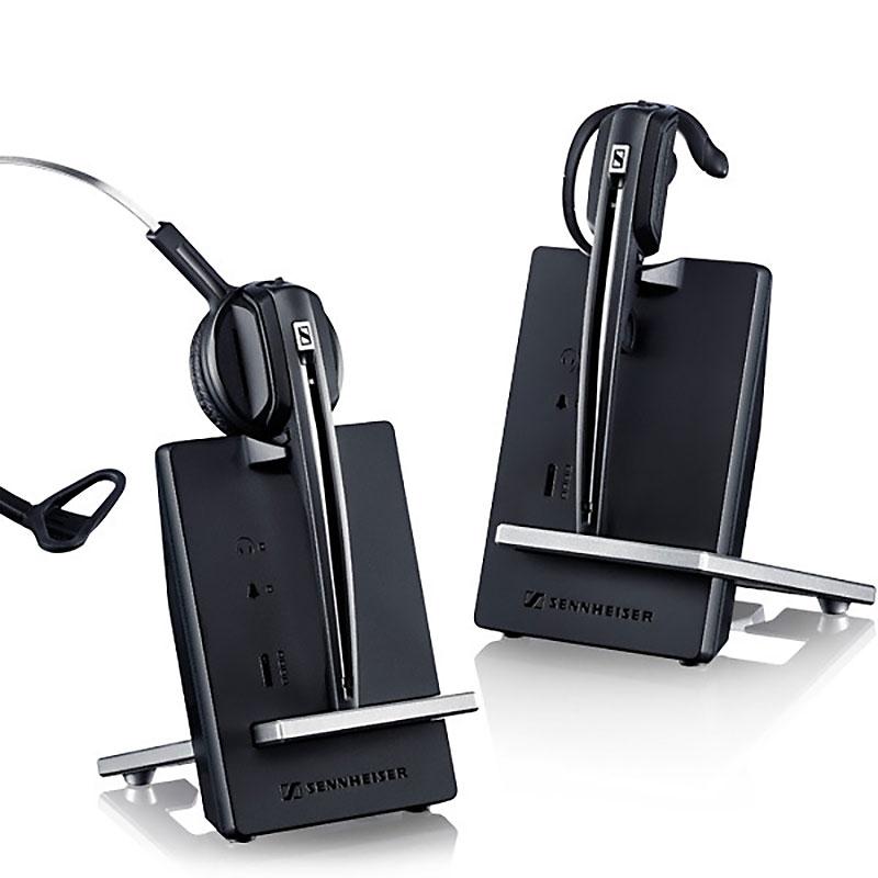 Sennheiser IMPACT D10 Mono Wireless Headset with base station, showcasing its sleek design and accessories.