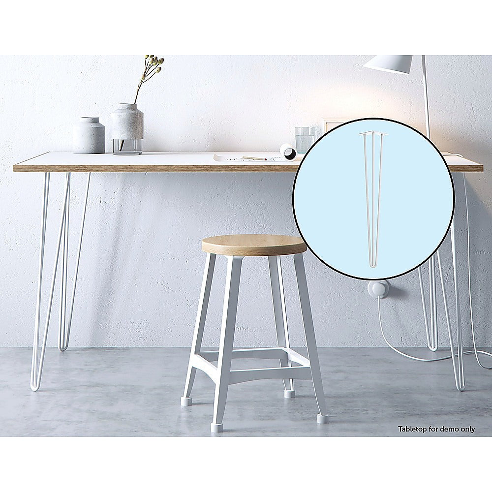 Set of 4 Industrial 3-Rod Retro Hairpin Table Legs in white satin finish, showcasing their sleek design and sturdy construction.