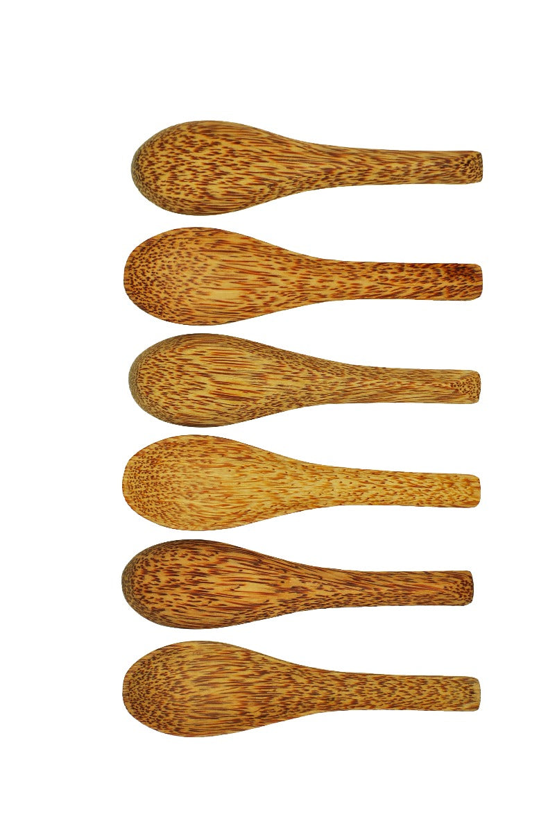 Set of 6 natural coconut wooden soup spoons, showcasing their unique grain and ergonomic design, perfect for dining.