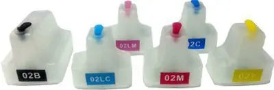 Set of six HP02 refillable cartridges with auto reset chip, including black, cyan, magenta, yellow, light cyan, and light magenta.