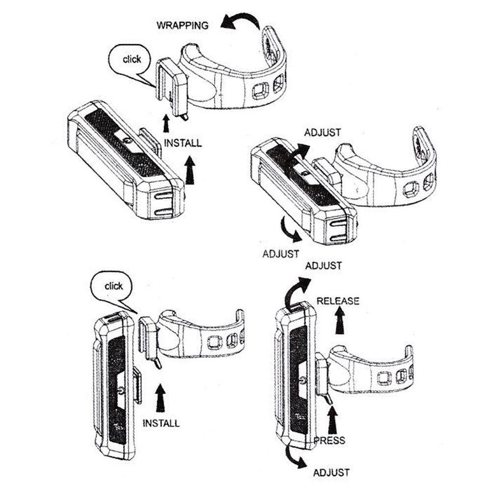 USB rechargeable LED bike light set including front headlight and rear taillight with silicone mounting straps.