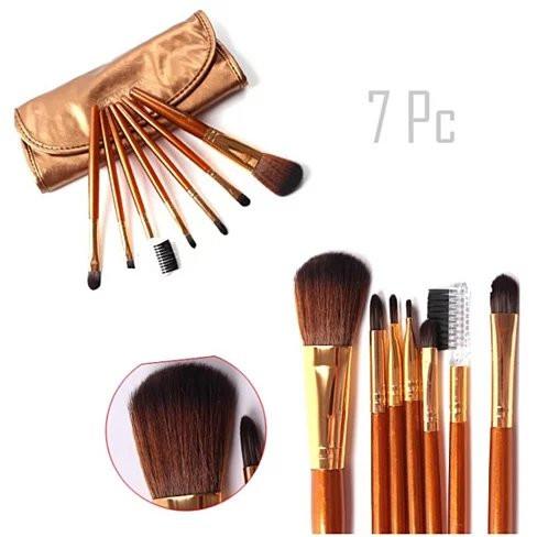 Seven Heaven Best of Beauty Brushes set featuring 7 colorful brushes with wooden handles and nylon bristles in a travel pouch.