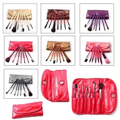 Seven Heaven Best of Beauty Brushes set featuring 7 colorful brushes with wooden handles and nylon bristles in a travel pouch.