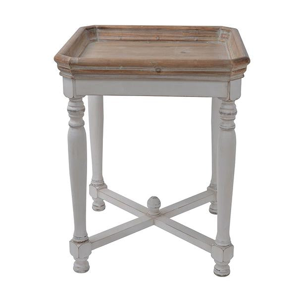 A beautifully handcrafted Shabby Square Side Table with a natural timber top and white washed legs, showcasing a shabby chic design.