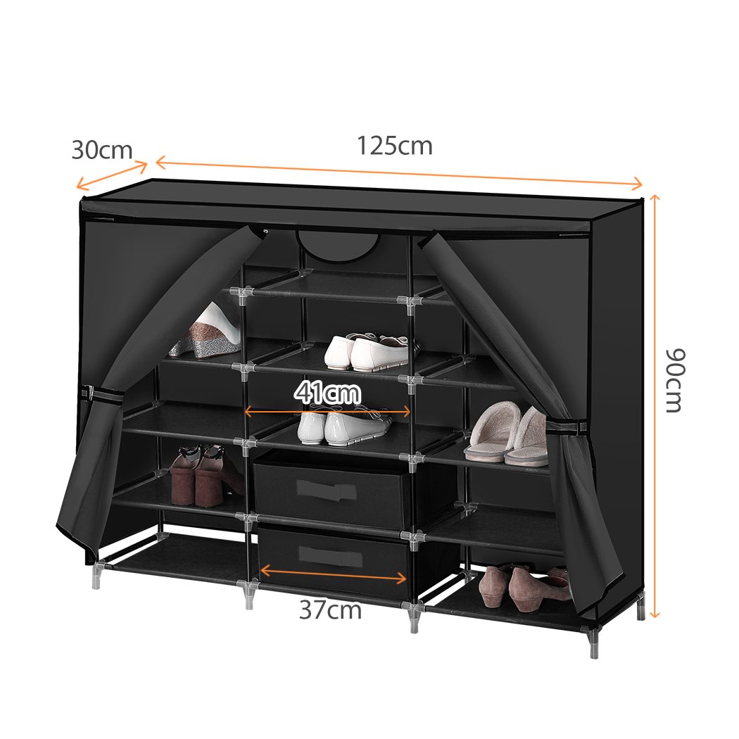 A stylish black DIY portable shoe rack with 15 compartments, made of non-woven fabric and a sturdy metal frame, showcasing organized footwear.