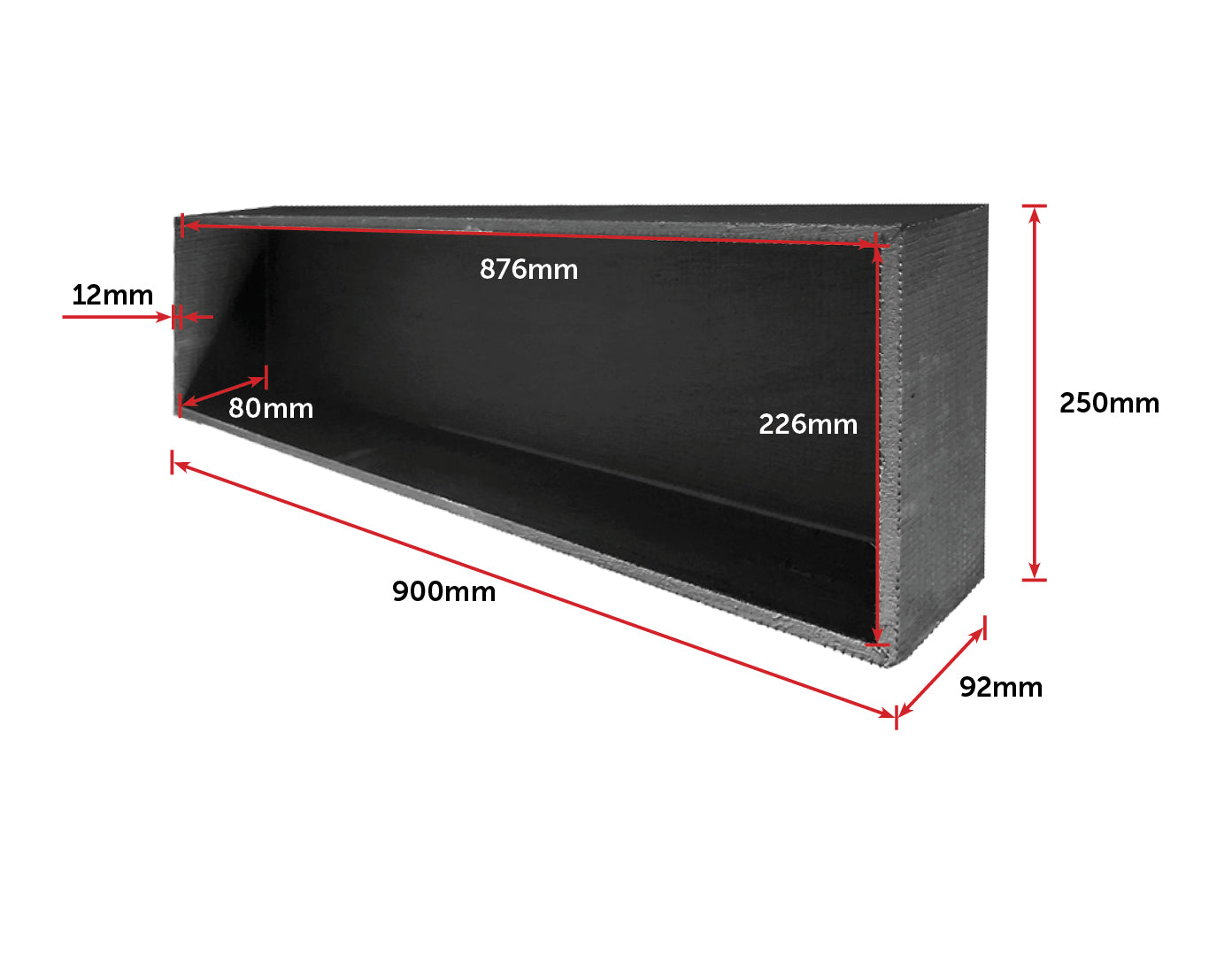 Prefabricated Shower Niche measuring 250 x 900 x 92mm, designed for bathroom renovations, showcasing a waterproof and tile-ready surface.