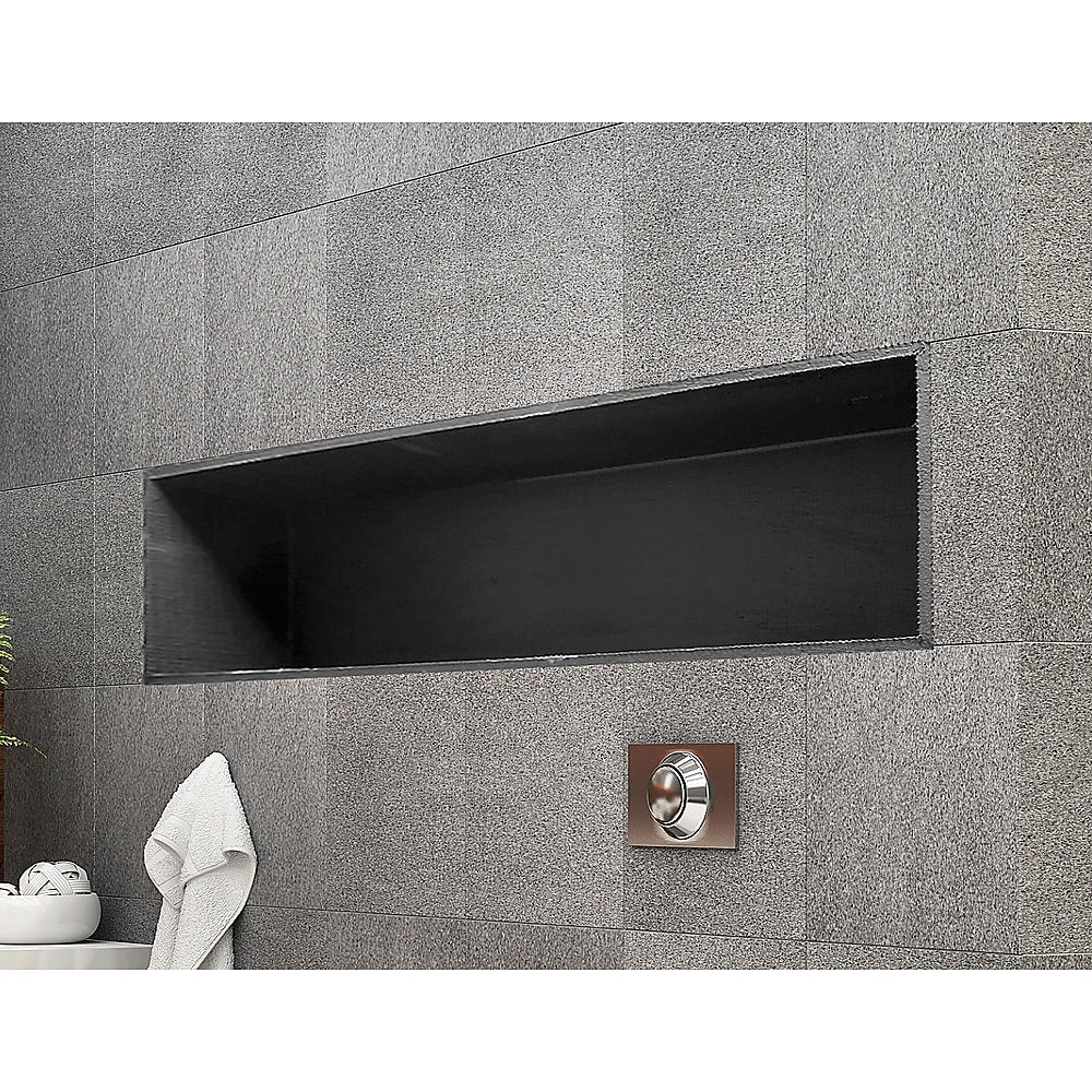 A sleek black prefabricated shower niche measuring 350 x 1000 x 92mm, designed for bathroom renovations and storage of bath accessories.