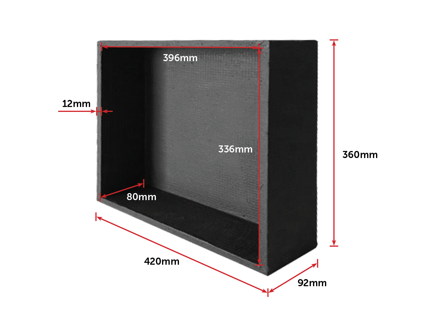 Prefabricated shower niche measuring 360 x 420 x 92mm, designed for bathroom renovation, featuring a waterproof surface and lightweight construction.