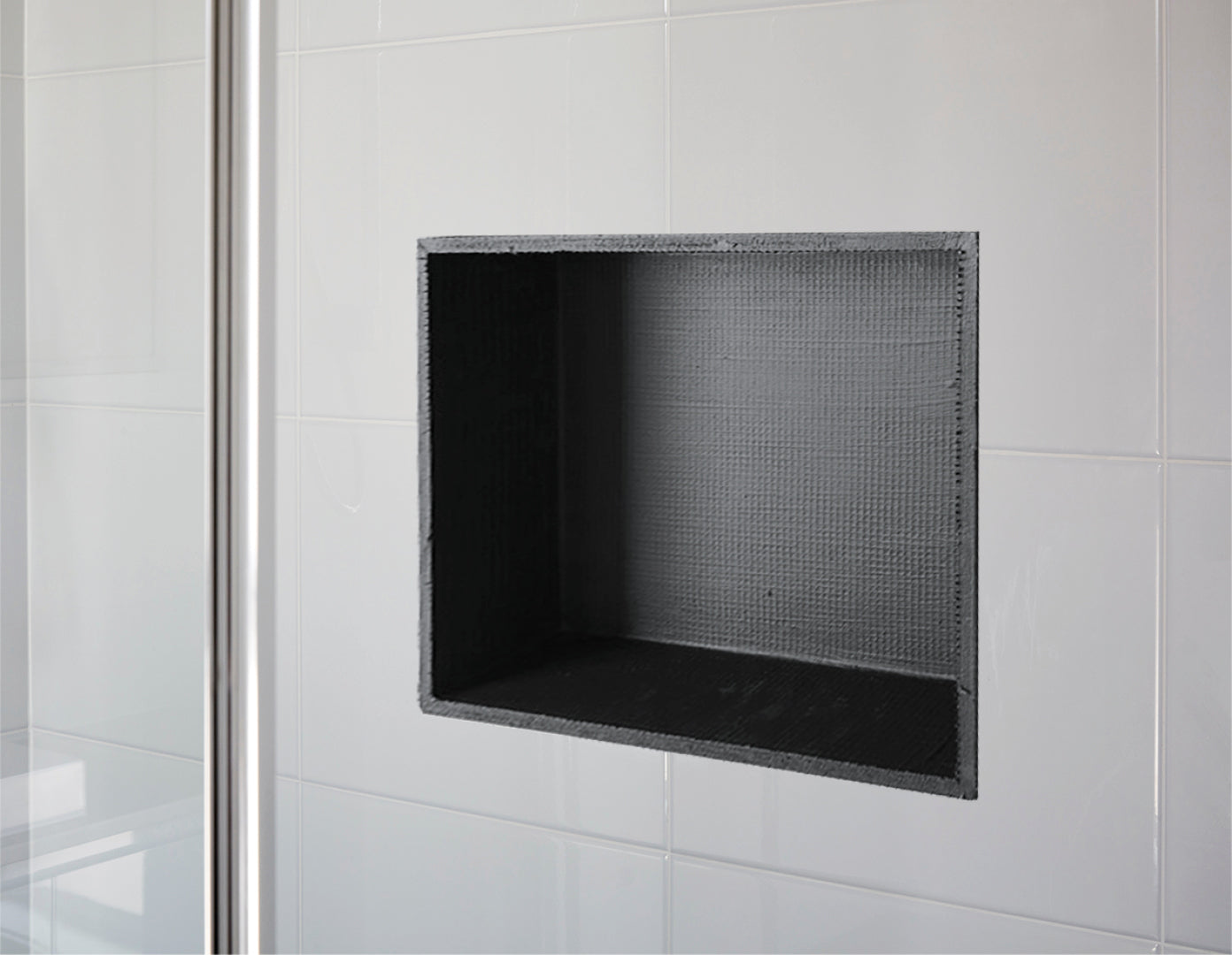 Prefabricated shower niche measuring 360 x 420 x 92mm, designed for bathroom renovation, featuring a waterproof surface and lightweight construction.