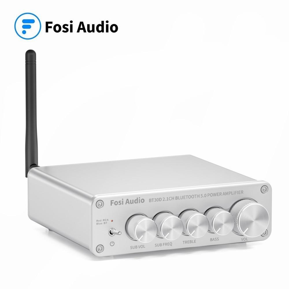 Silver 2.1 Channel Bluetooth audio amplifier receiver with passive speaker and subwoofer connections, showcasing its sleek design and connectivity options.